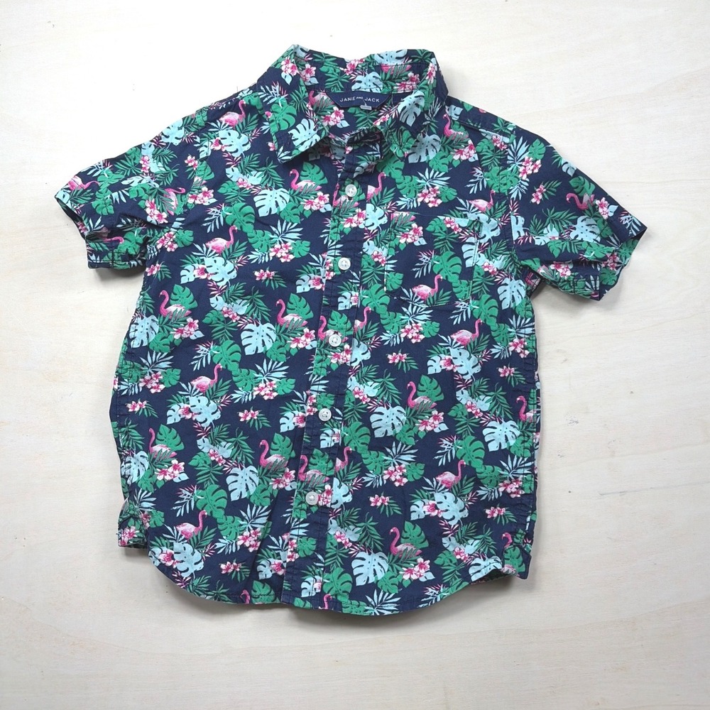 Janie and Jack Boys Navy Tropical Flamingo Floral Button Down Shirt Size 4